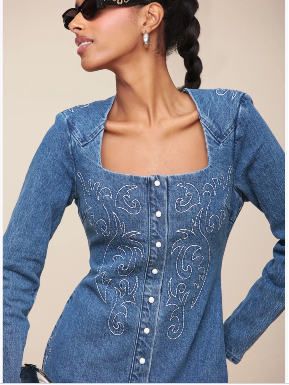 Avec Les Filles Western Embroidery Long Sleeve Denim Minidress cowgirl women 12